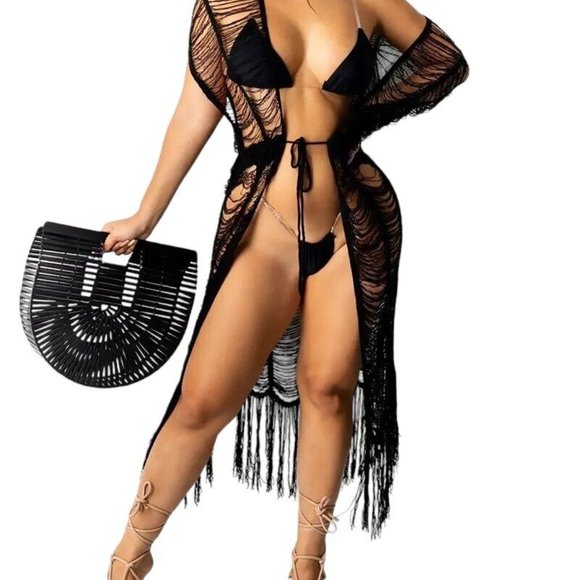 Distressed Tie Waist Short Sleeve Fringe Knit Cover Up Robe Womens XXL Black - Picture 2 of 15